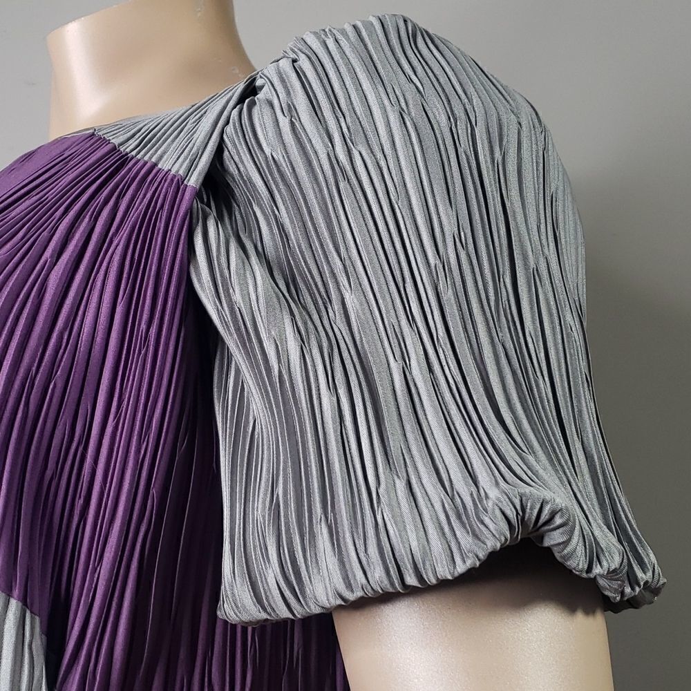 VINTAGE purple and silver gray Stripped balloon sleeves Crinkled Dress - Picture 5 of 9